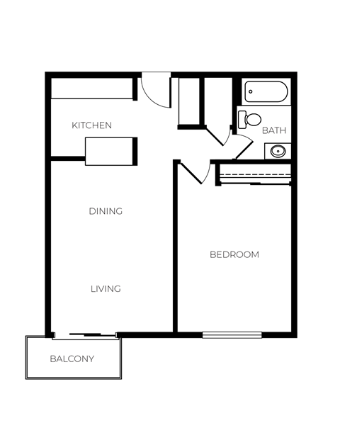 Floor plan for 1 bed, 1 bath, 650 sqft